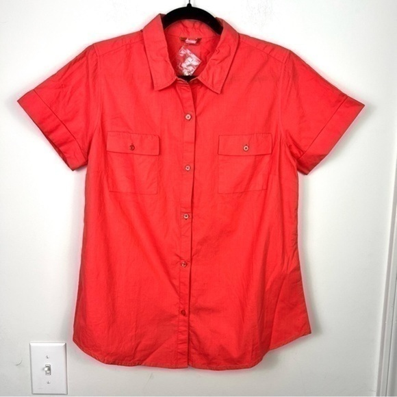 Garnet Hill Orange 100% Cotton Collared Button-Down Shirt Women's Size 14P Top - Picture 1 of 9